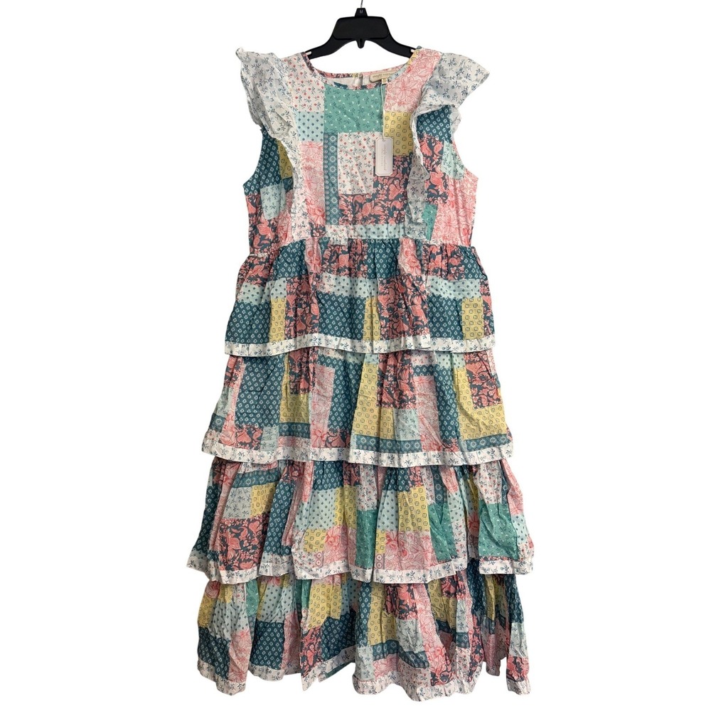 Simply Southern Patchwork Tiered Maxi Dress XL Pink Teal Ruffle Sleeveless NEW - Picture 1 of 11